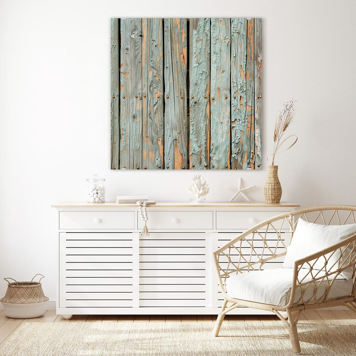 Glasbild Mintgrüne Holzlatten an der Wand – Senkrechte Latten mit abblätternder mintgrüner Farbe und rostigen Nagelköpfen