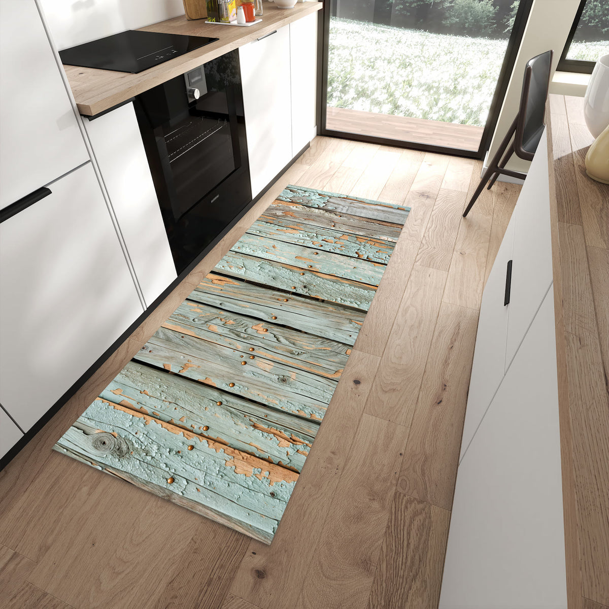 Schmutzabweisender Küchenteppich mit Motiv Verwitterte Holzbretter in moderner Küche