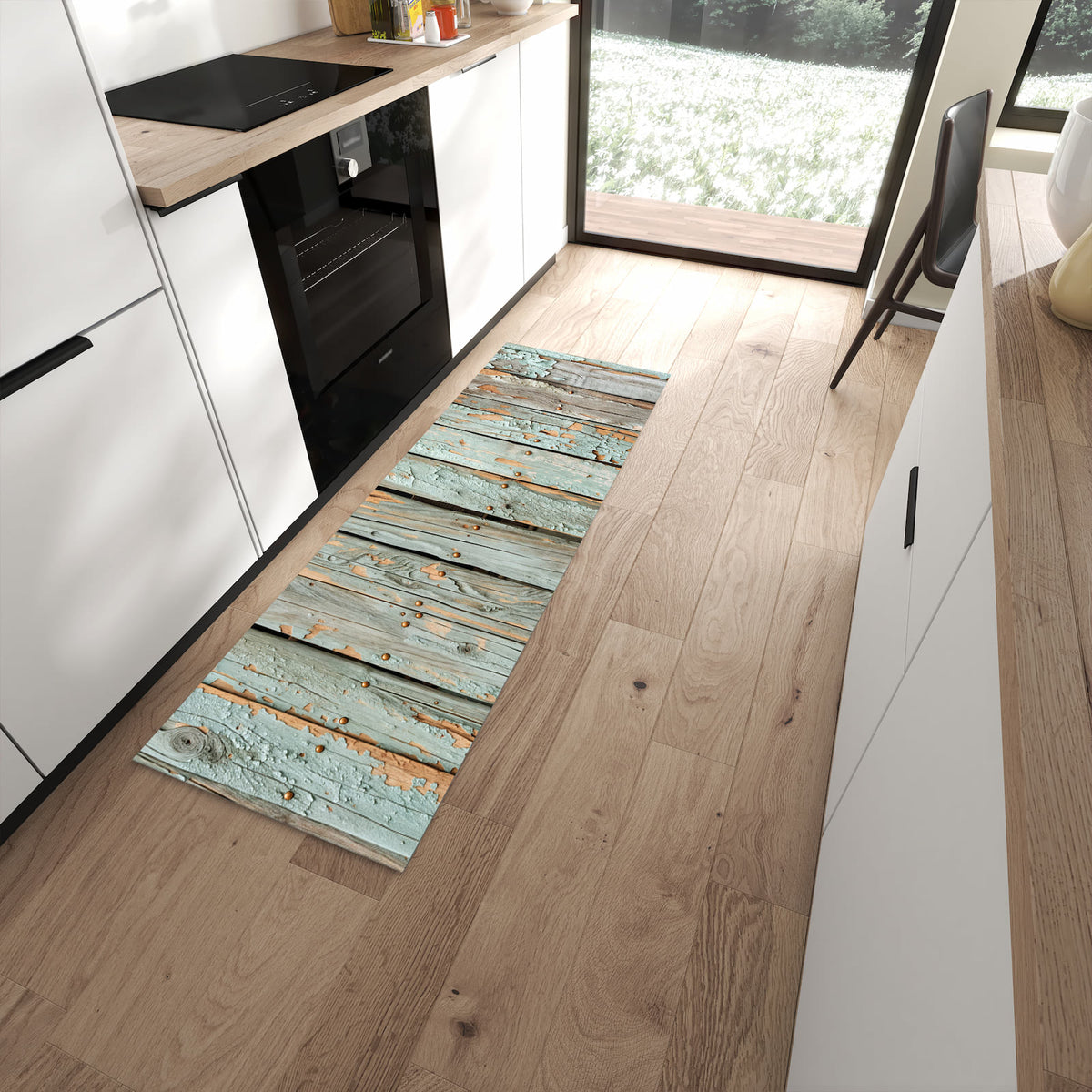 Abriebfester rutschfester Küchenteppich mit Motiv Verwitterte Holzbretter in moderner Küche