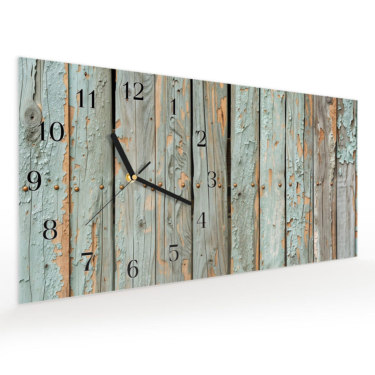 Vormontiert – mit Schwebeeffekt – Wanduhr Verwitterte Holzbretter aus Glas – Querformat 60 × 30 cm