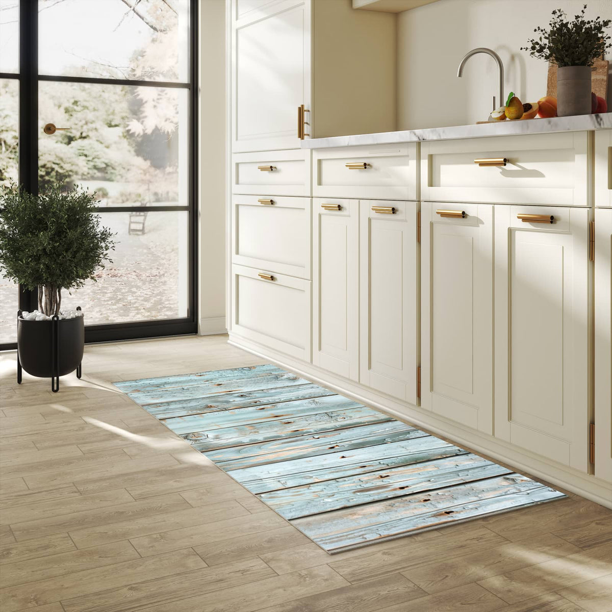 Strapazierfähiger dünner Küchenteppich mit Motiv Holz von Verwittertes in heller Küche