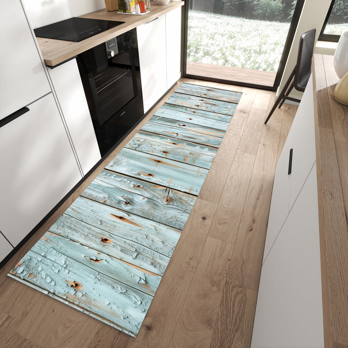 Bodenschonender rutschfester Läufer mit Motiv Holz von Verwittertes in moderner Küche