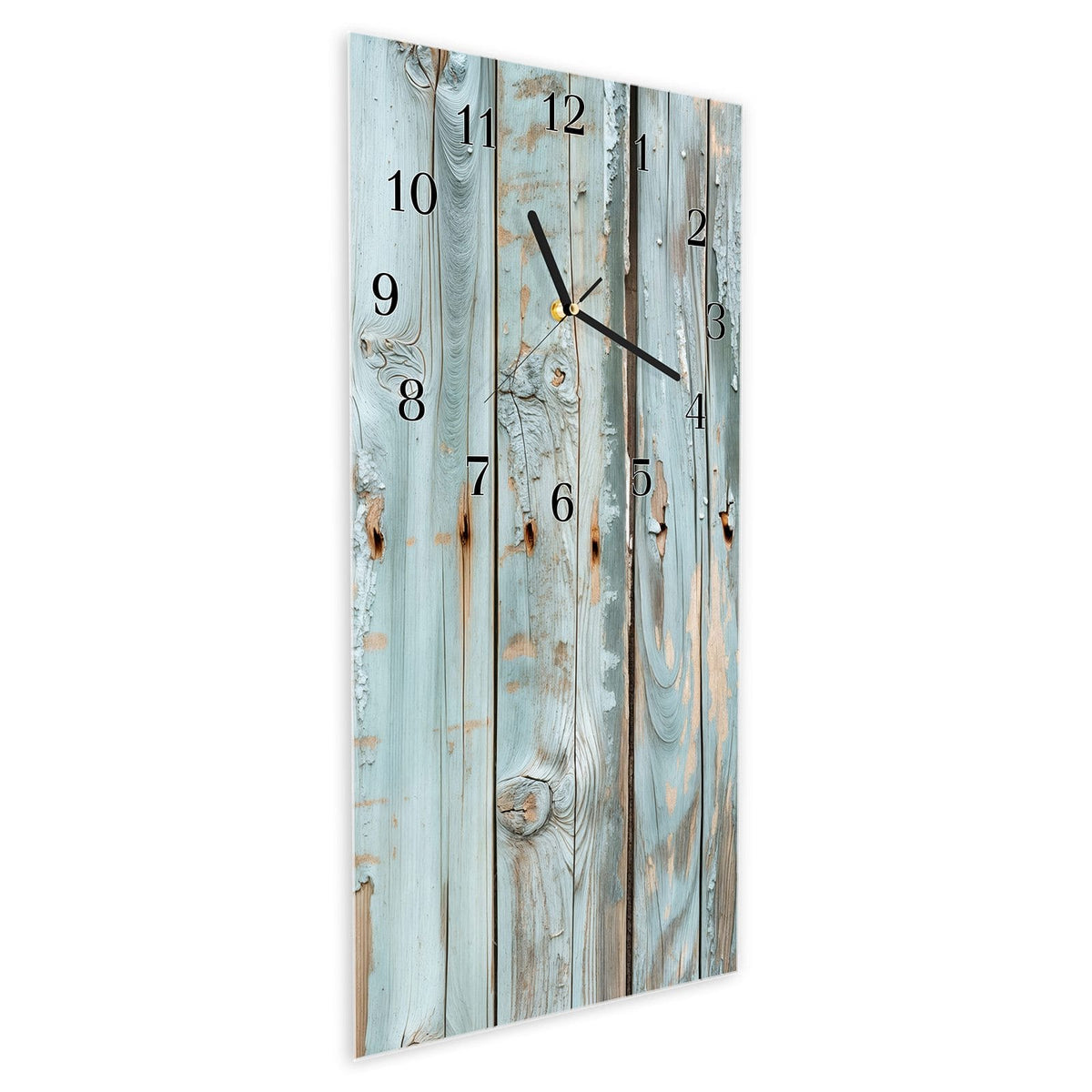 Vormontiert – mit Schwebeeffekt – Wanduhr Hellblaue Holzplanken aus Glas – Hochformat 30 × 60 cm