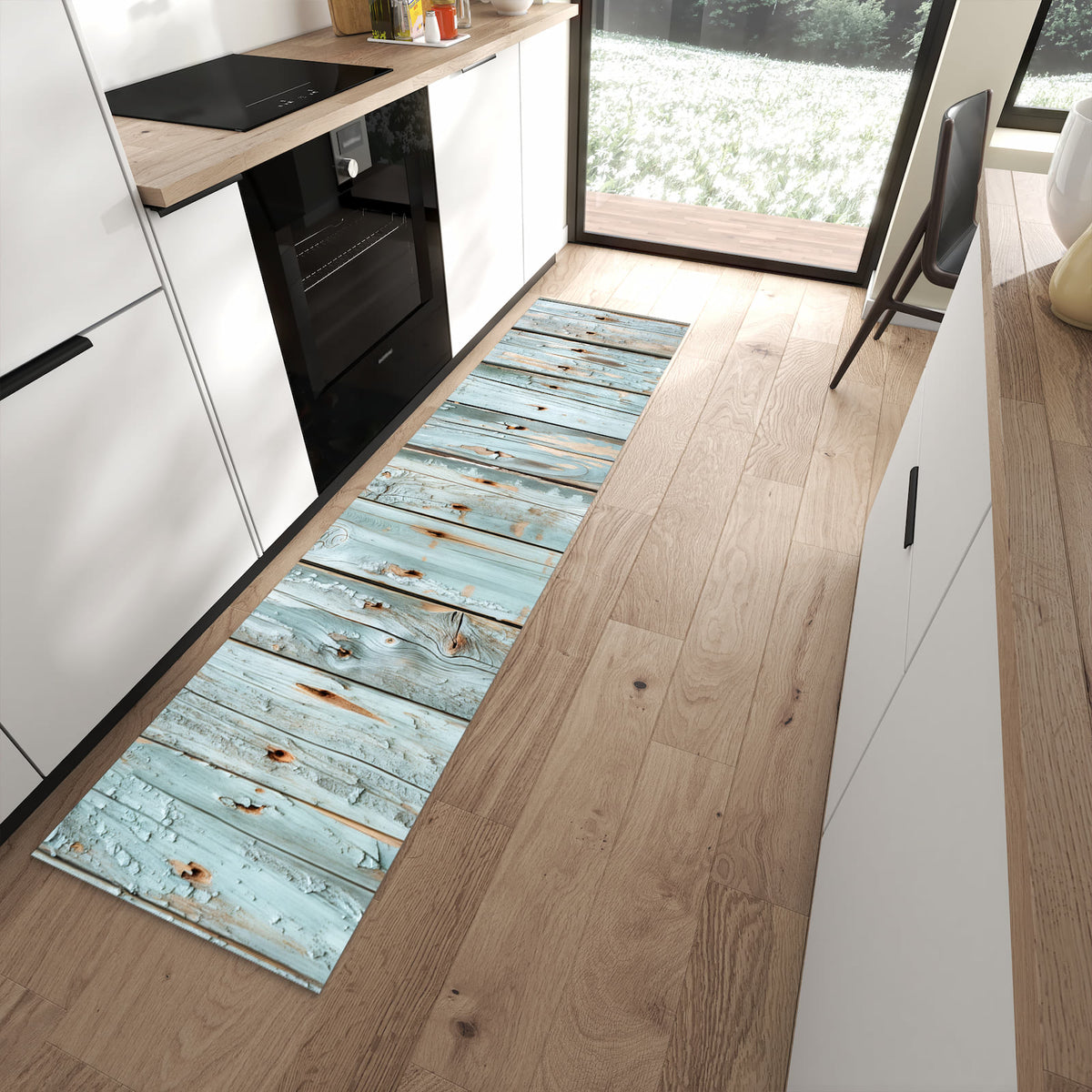 Waschbarer Küchenläufer mit Motiv Holz von Verwittertes in moderner Küche
