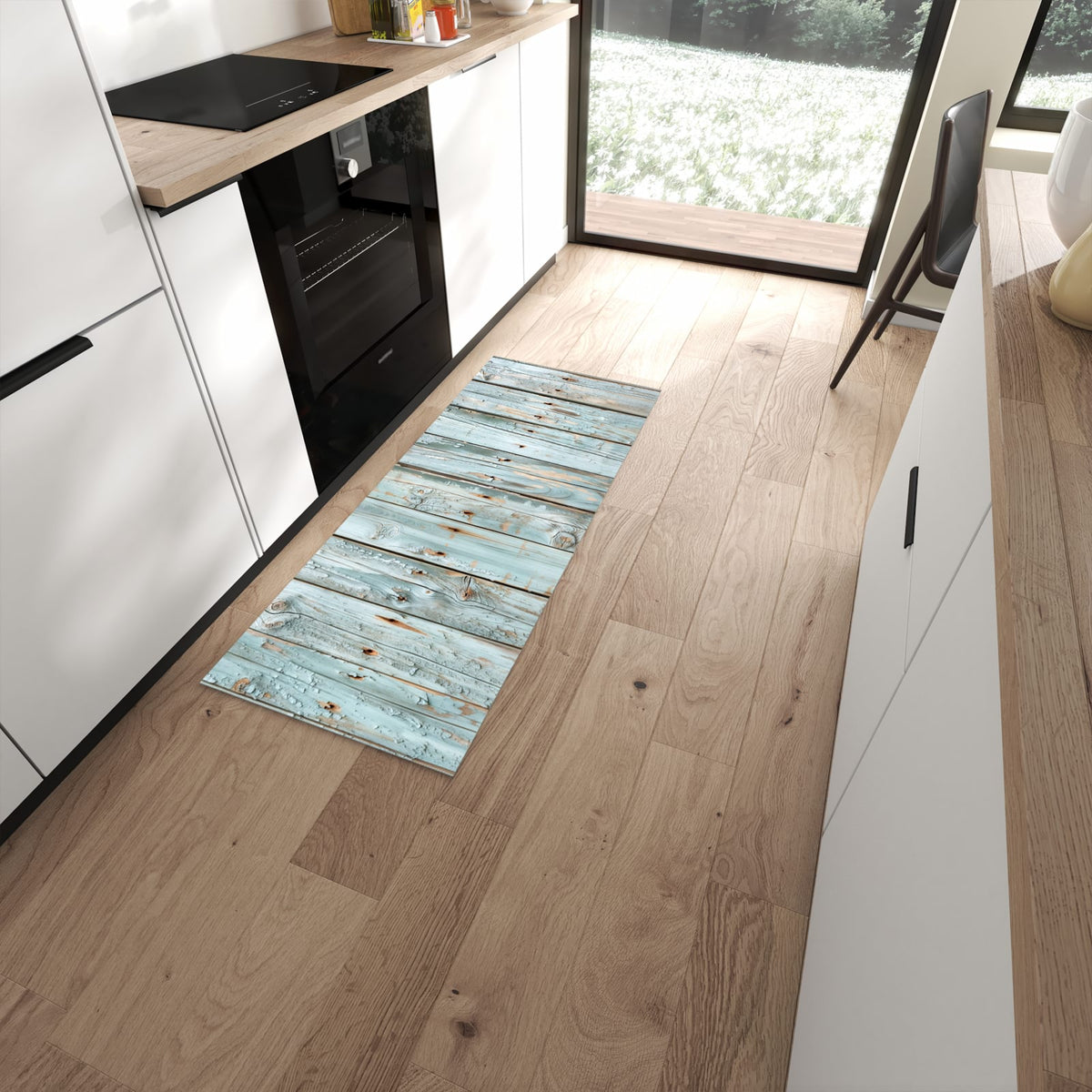 Hygienischer Küchenteppich mit Motiv Holz von Verwittertes in moderner Küche - waschbar #grösse_60 x 150 cm