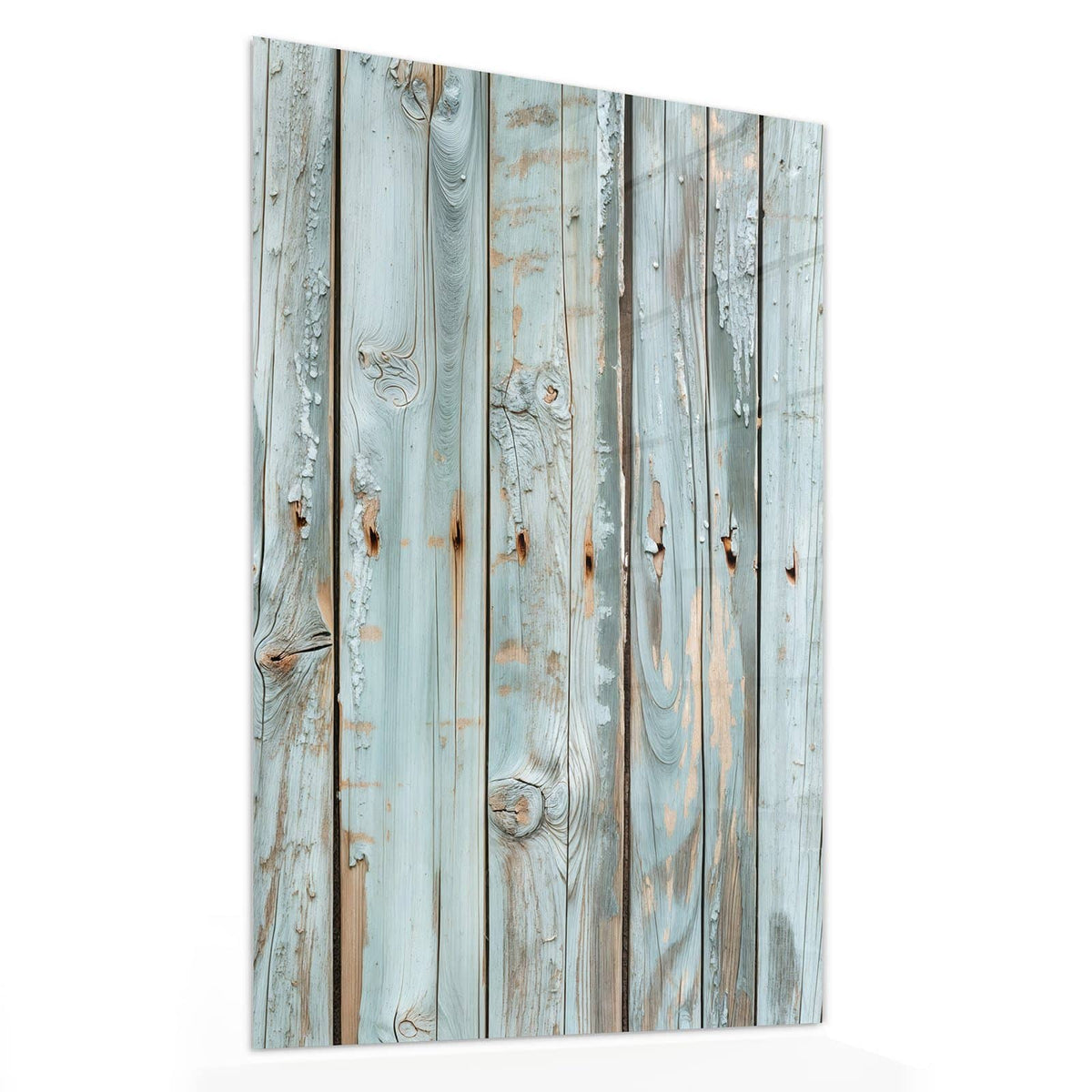 Glasbild Hellblaue Holzplanken von der Seite, 4 mm Echtglas
