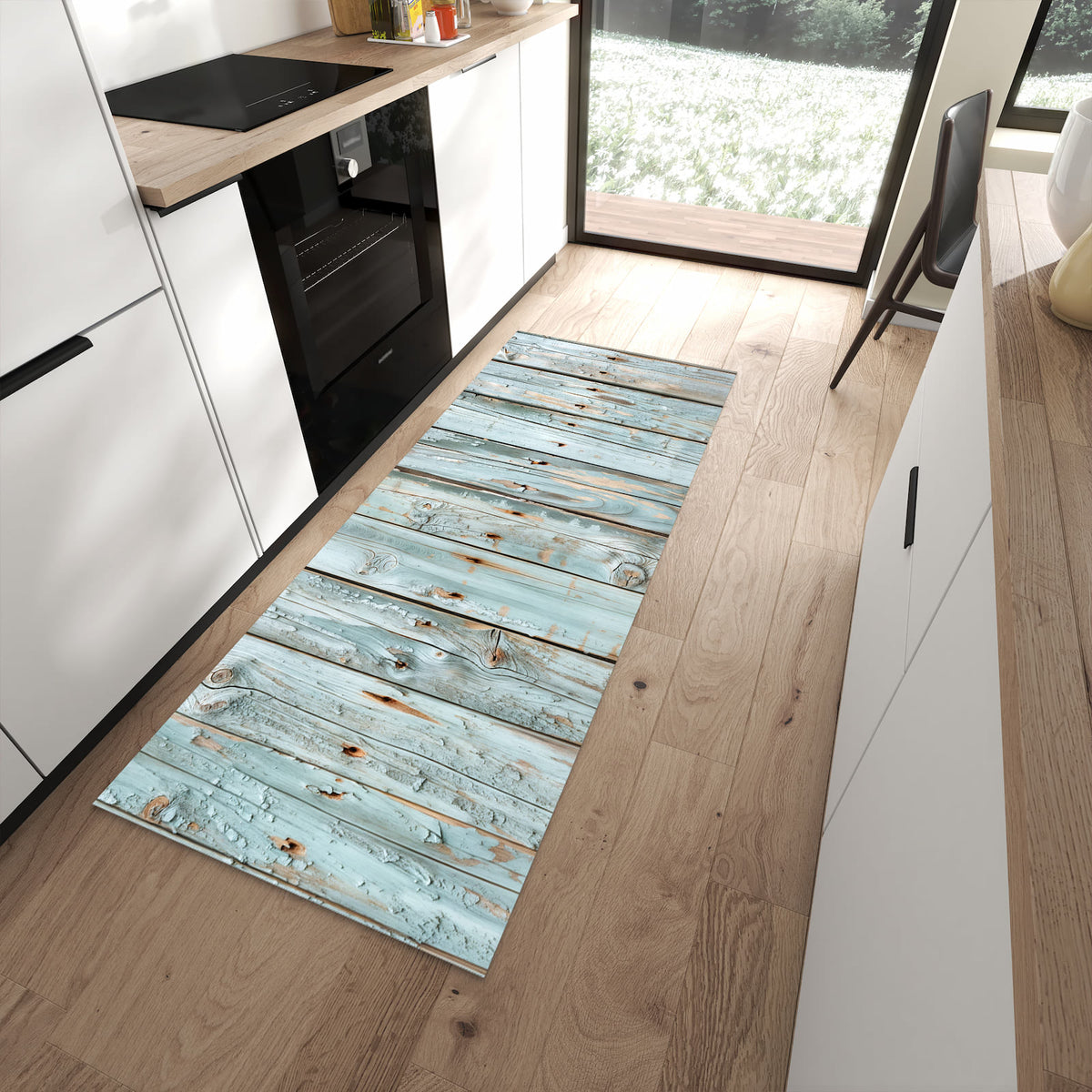 Bodenschonender langer Teppich mit Motiv Holz von Verwittertes in moderner Küche