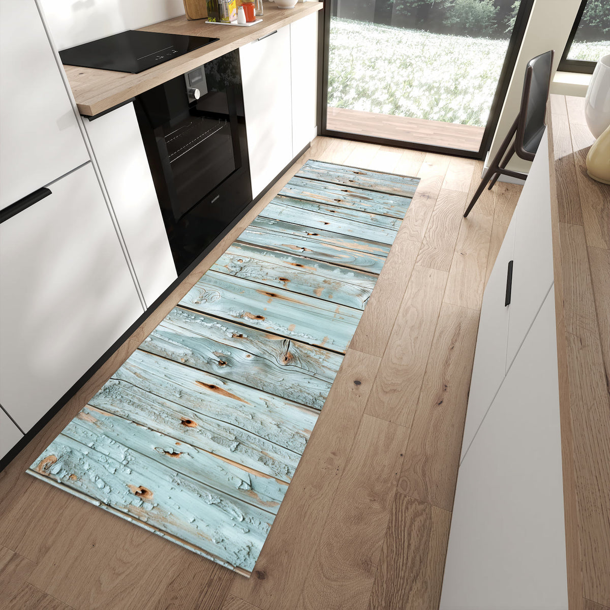 Küchenläufer mit Motiv Holz von Verwittertes für Ordnung im Eingangsbereich moderner Küche