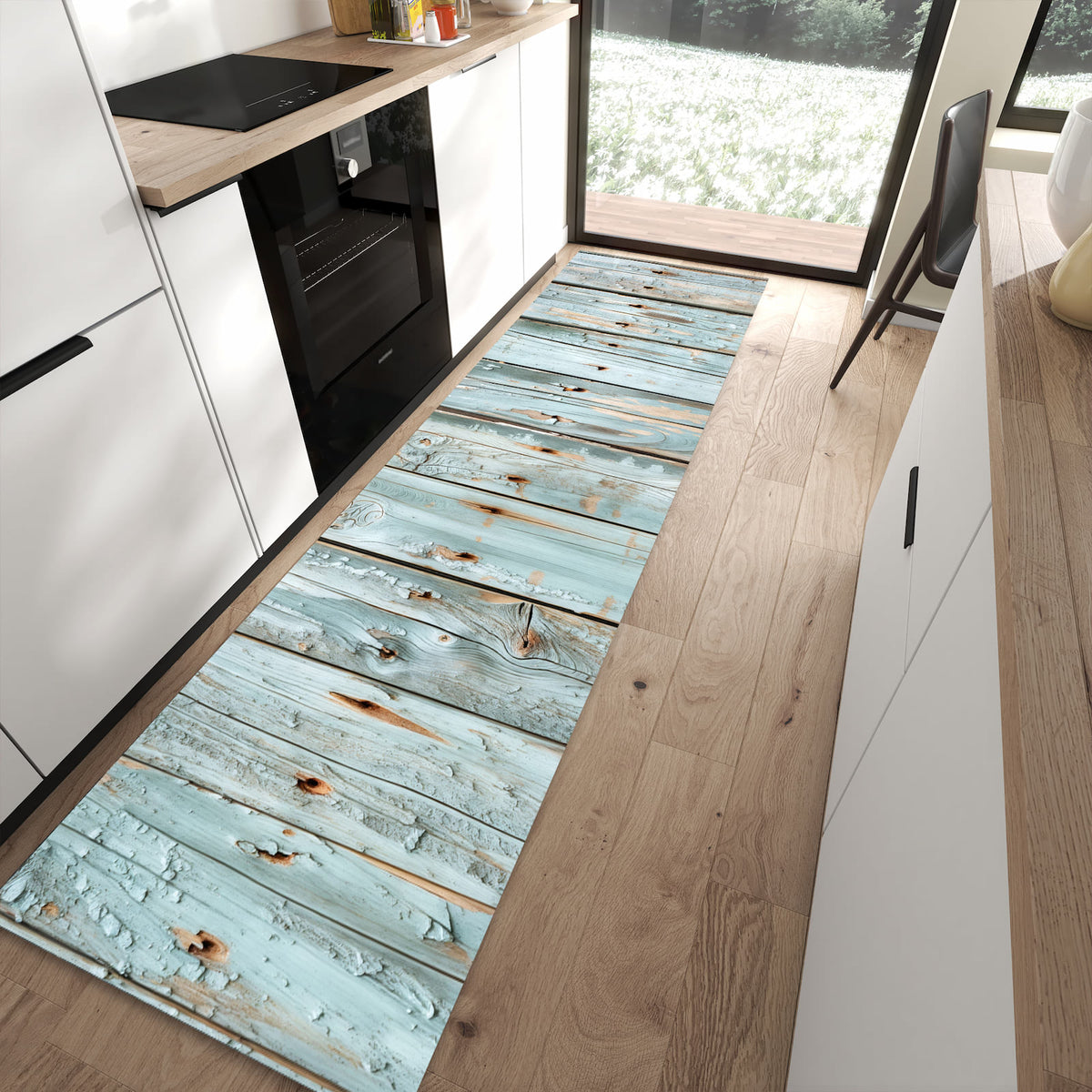 Farbbeständiger dünner Teppich mit Motiv Holz von Verwittertes in moderner Küche