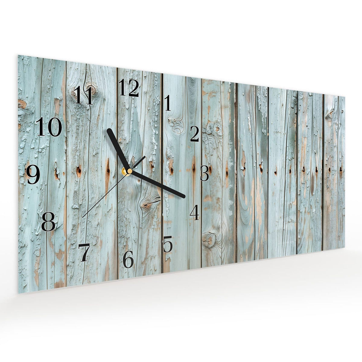 Vormontiert – mit Schwebeeffekt – Wanduhr Hellblaue Holzplanken aus Glas – Querformat 60 × 30 cm