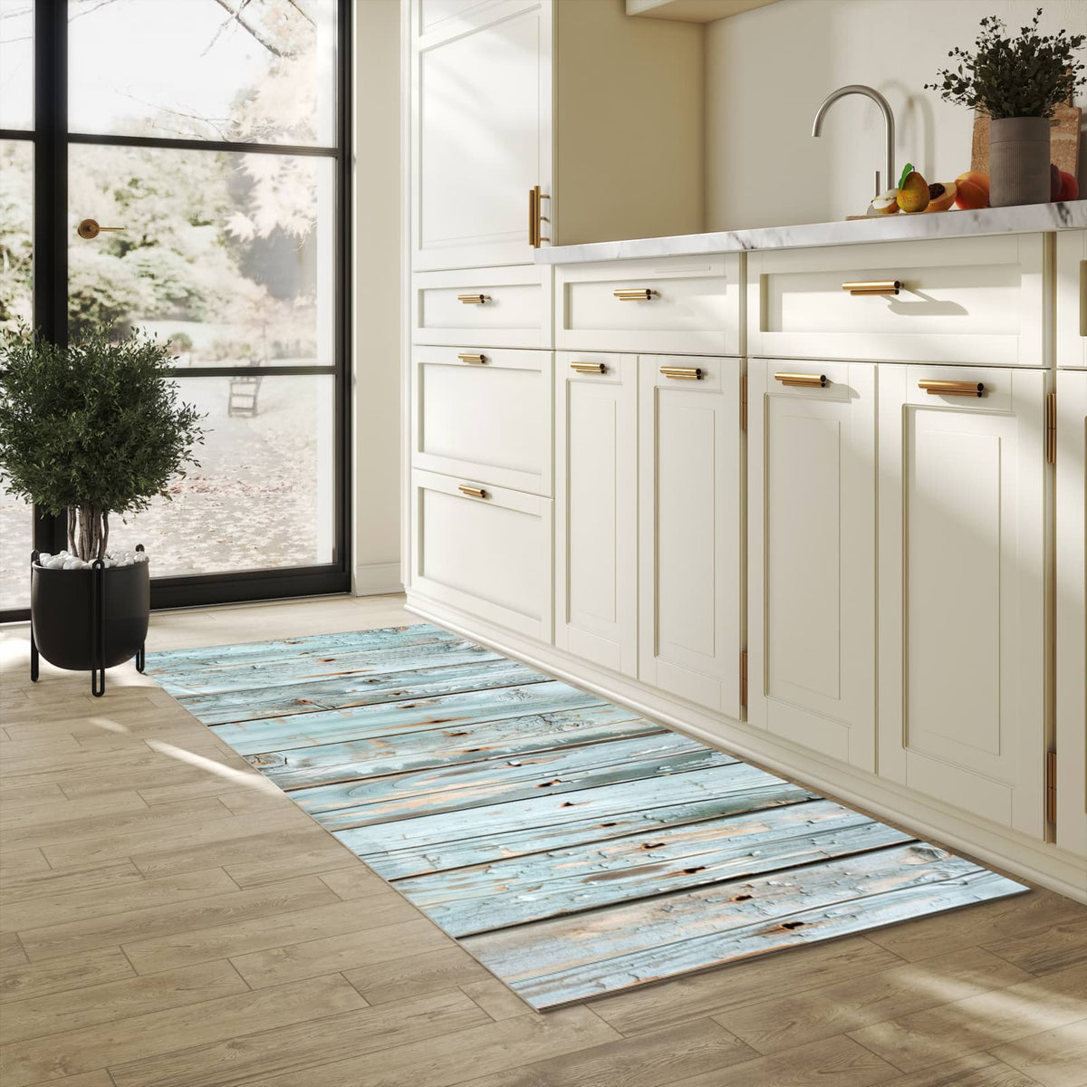 Bodenschonender Bodenläufer-Teppich mit Motiv Holz von Verwittertes in heller Küche