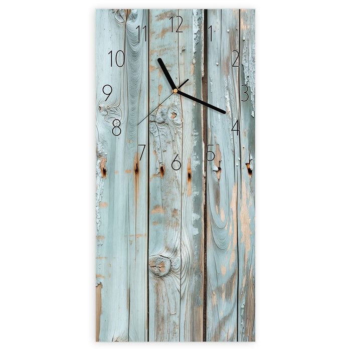 Wanduhr Hellblaue Holzplanken aus Glas – Hochformat 30 × 60 cm mit Ziffernblatt Elegant