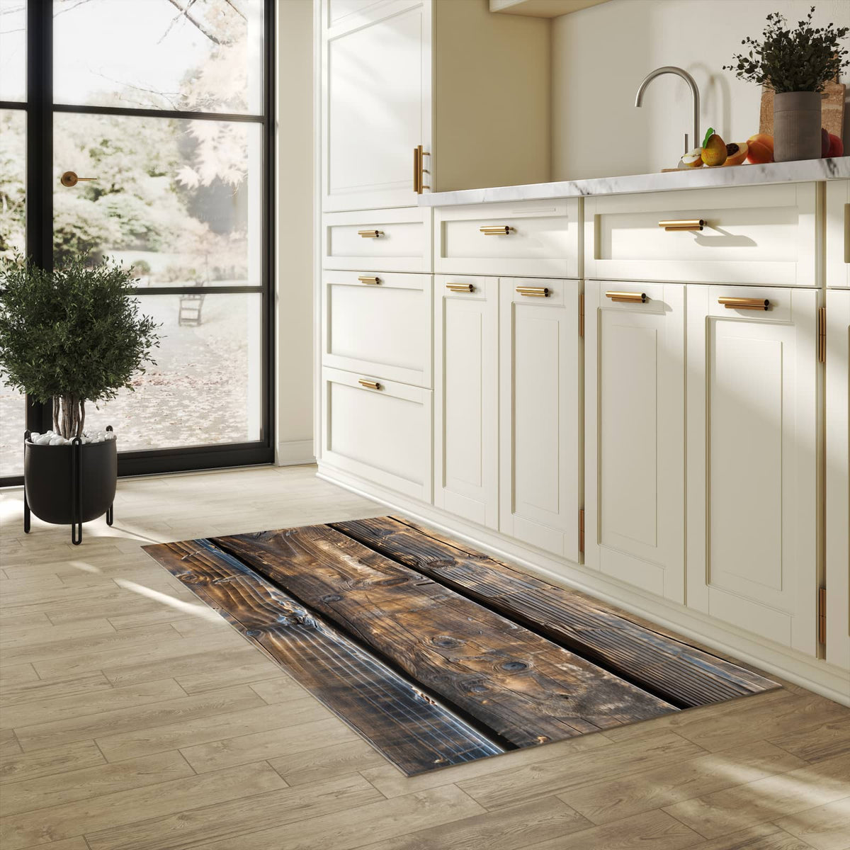 Geruchsneutraler Küchenläufer mit Motiv Alte Holzbohlen in heller Küche