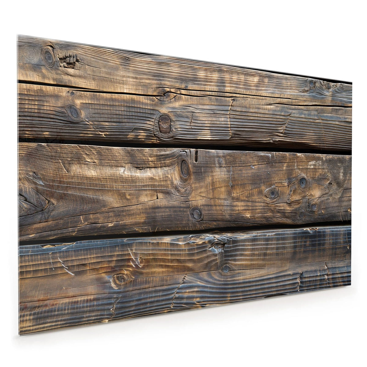 Küchenrückwand aus Glas im Hochformat mit Motiv Alte Holzbalken: Drei breite, dunkelbraun geflammte Holzbalken mit Astlöchern, waagerecht