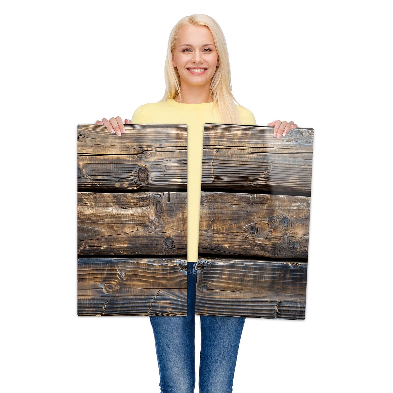 2-teilige Herdabdeckplatte mit Alte Holzbohlen-Motiv wird zur Größendarstellung gehalten