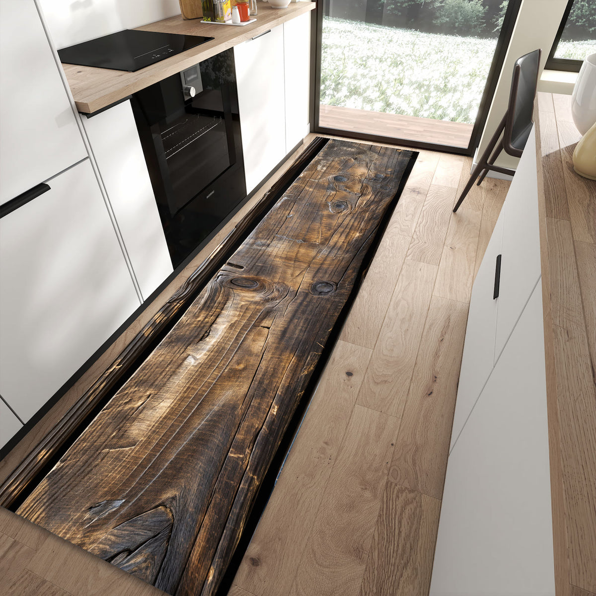 Komfortabler Küchenläufer mit Motiv Alte Holzbohlen in moderner Küche