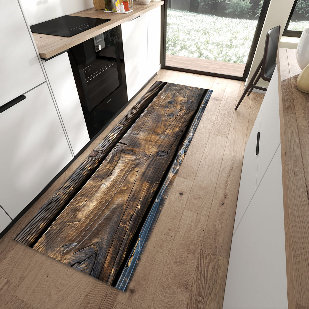 Flacher Küchenteppich mit Motiv Alte Holzbohlen in moderner Küche