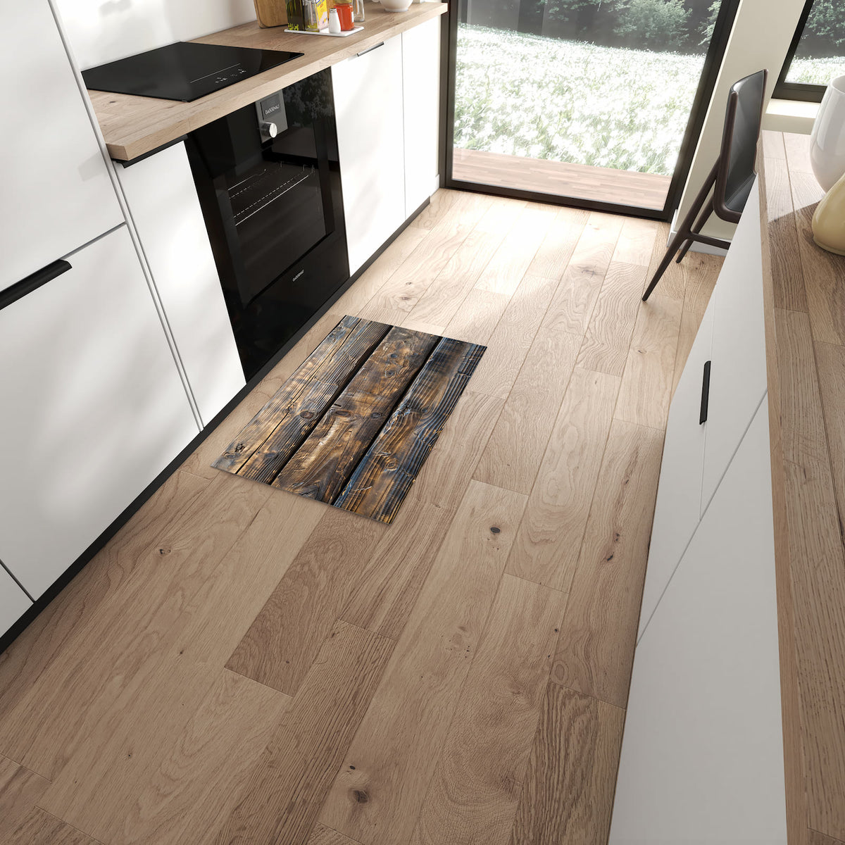 Geruchsneutraler Küchenteppich mit Motiv Alte Holzbohlen in moderner Küche