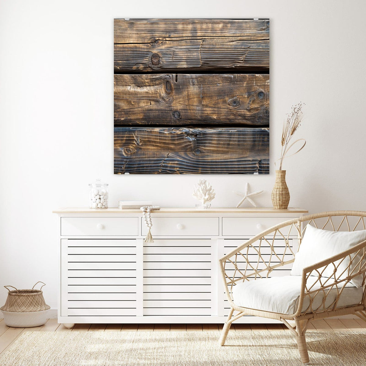 Echtglas, 4 mm – kein Acryl, keine Folie – Wandbild - Alte Holzbalken - Quadratisch