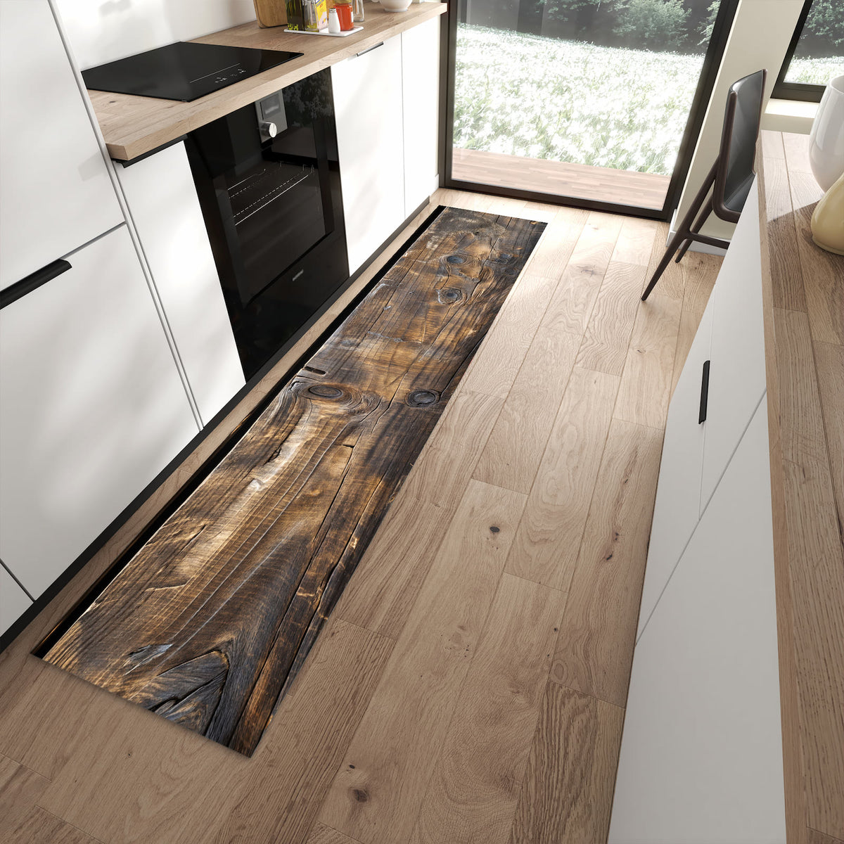 Fleckenresistenter Küchenteppich mit Motiv Alte Holzbohlen in moderner Küche