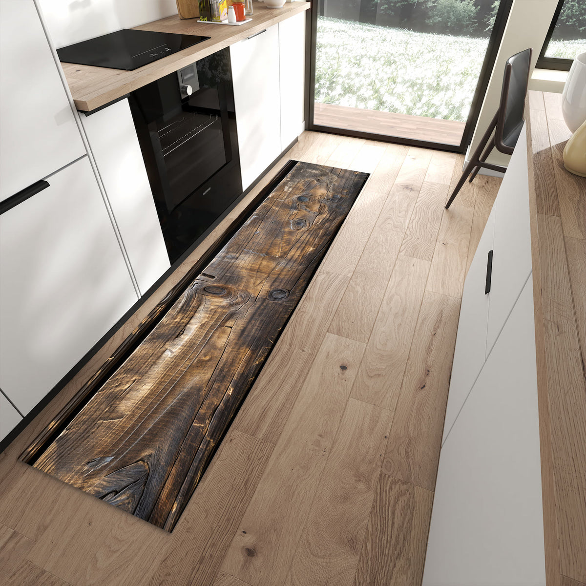 Wasserabweisender Teppich für Küche mit Motiv Alte Holzbohlen in moderner Küche