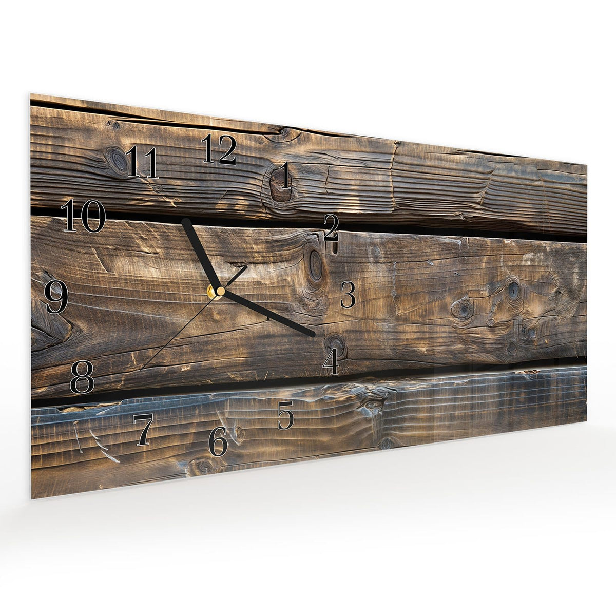 Vormontiert – mit Schwebeeffekt – Wanduhr Alte Holzbohlen aus Glas – Querformat 60 × 30 cm