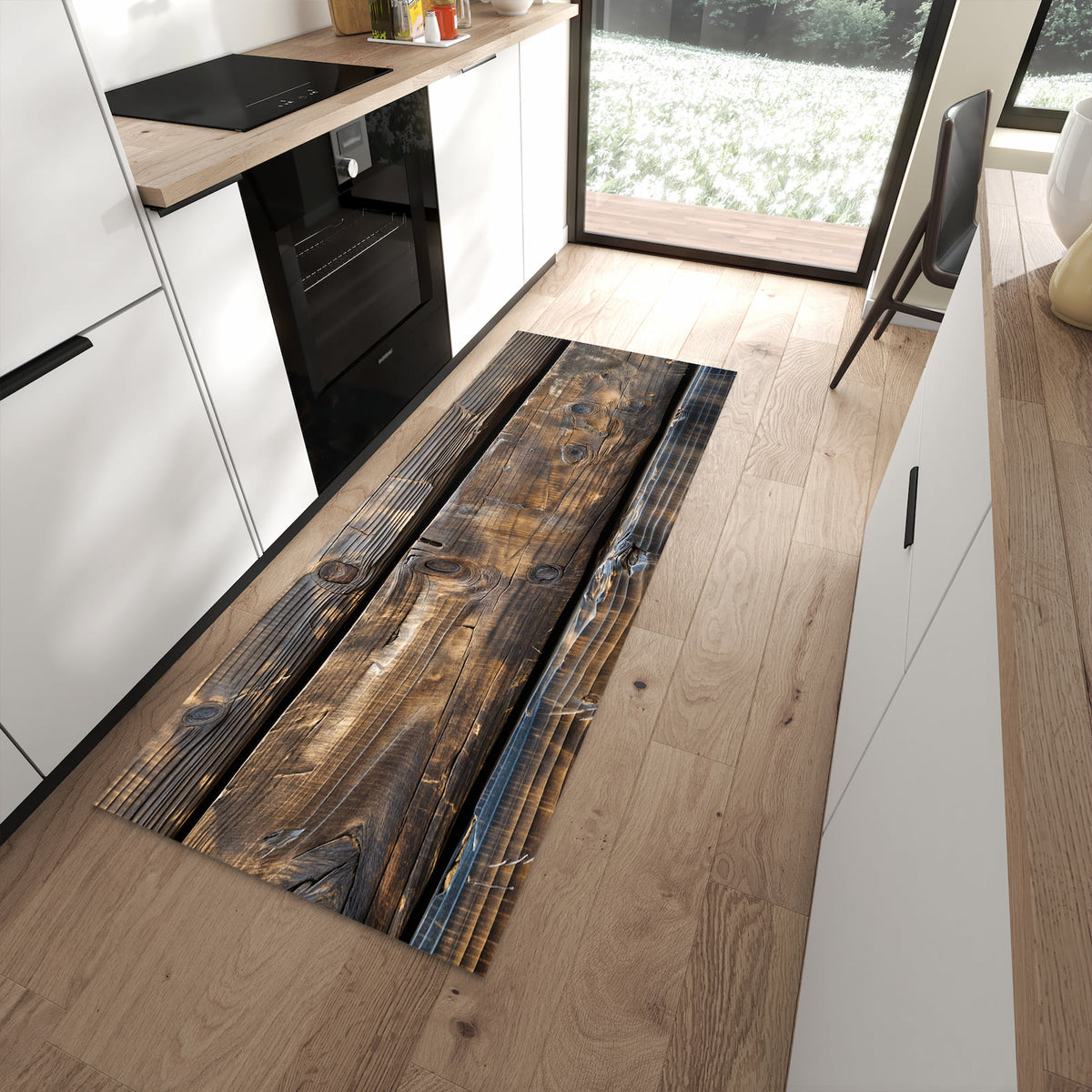 Langlebiger Küchenteppich mit Motiv Alte Holzbohlen in moderner Küche