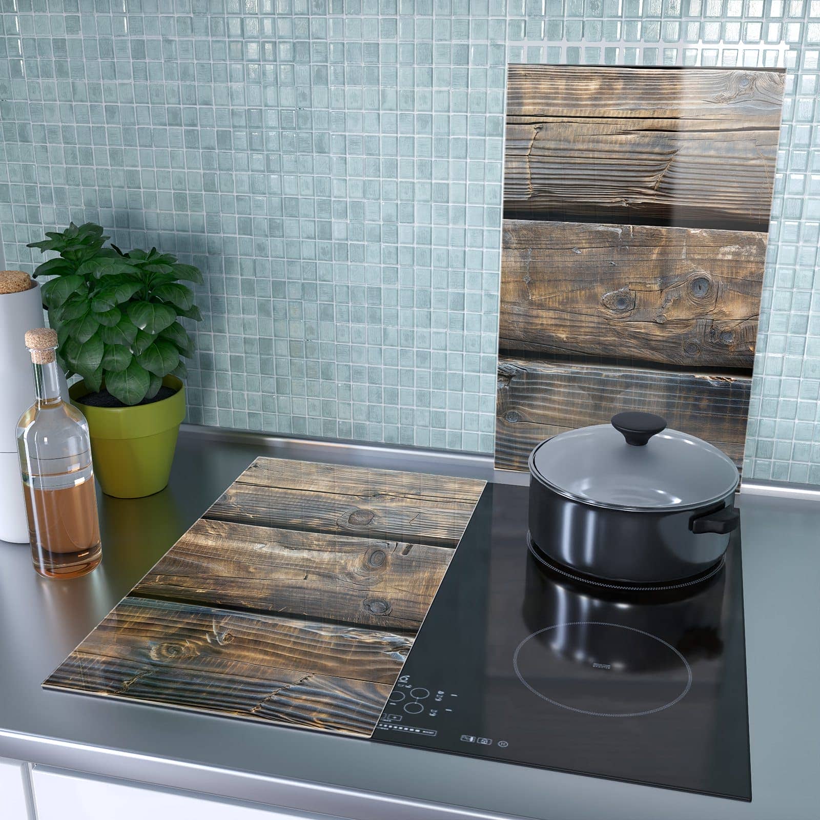2-teilige Herdabdeckplatte für Ceranfeld mit Alte Holzbohlen-Motiv als Spritzschutz hinter dem Kochfeld