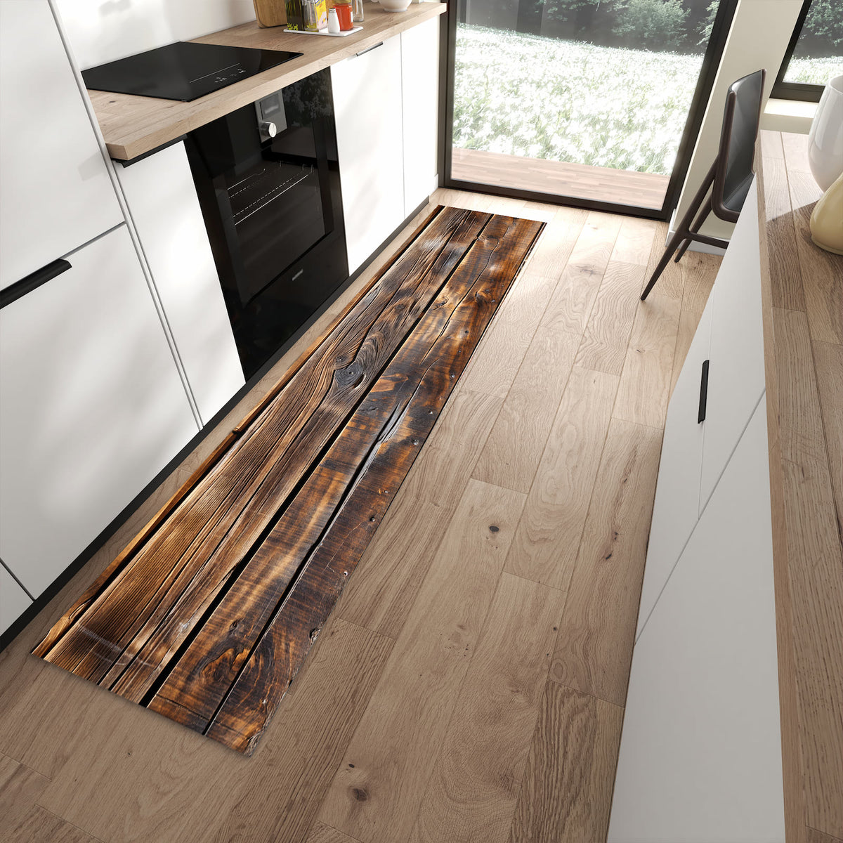 Feuchtigkeitsresistenter rutschfester Küchenläufer mit Motiv Holzmaserung in moderner Küche