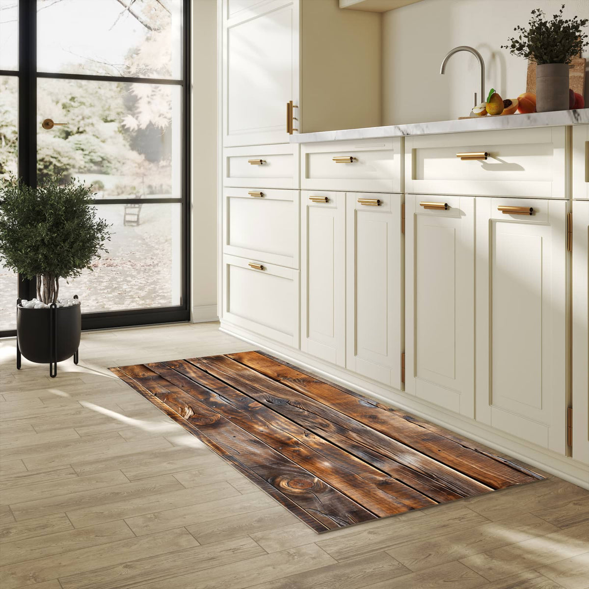 Flacher moderner Küchenläufer mit Motiv Holzmaserung in heller Küche