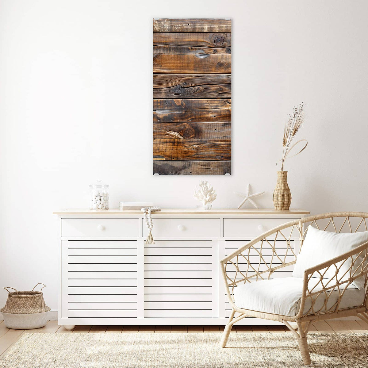 Glasbild Nussbraune Holzwand an der Wand – Waagerechte, dunkel nussbraune Bretter mit kräftiger Maserung und Astlöchern