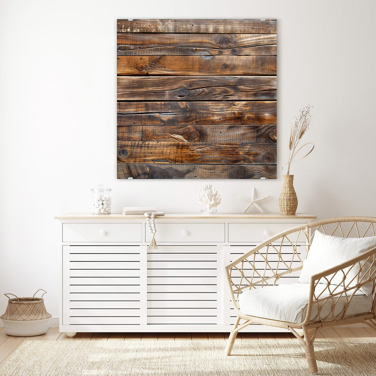 Glasbild Nussbraune Holzwand an der Wand – Waagerechte, dunkel nussbraune Bretter mit kräftiger Maserung und Astlöchern