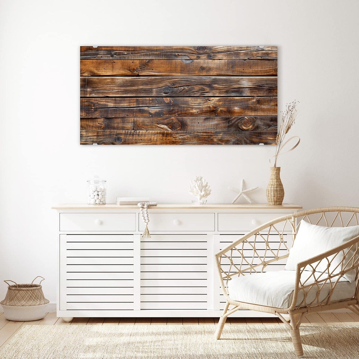 Echtglas, 4 mm – kein Acryl, keine Folie – Wandbild - Nussbraune Holzwand - Querformat