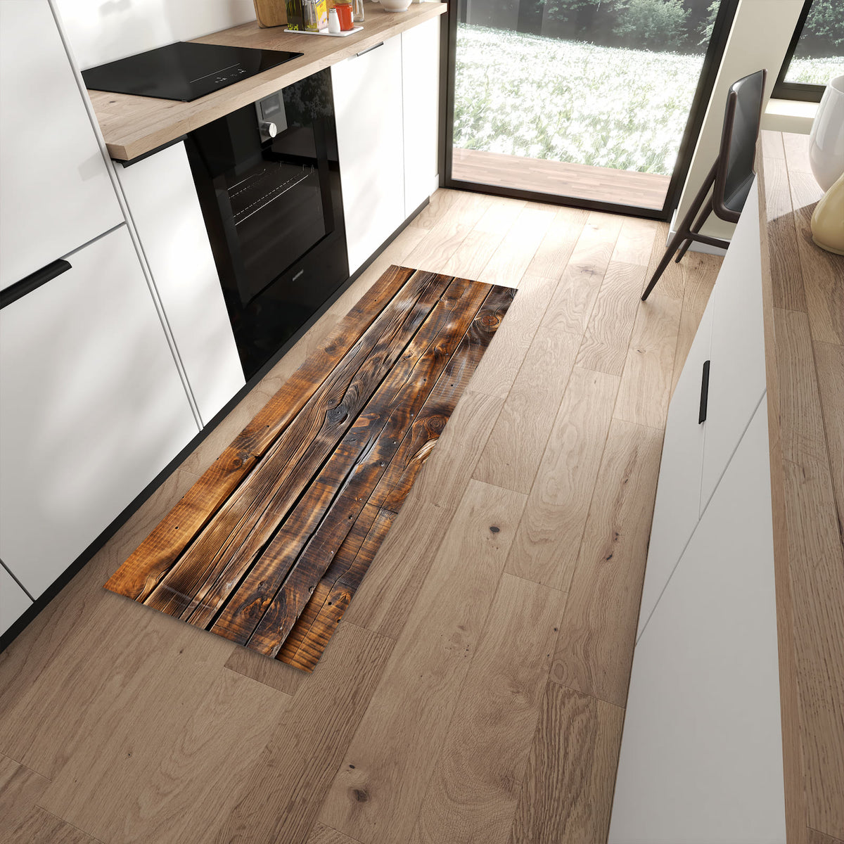Langlebiger Küchenläufer mit Motiv Holzmaserung in moderner Küche