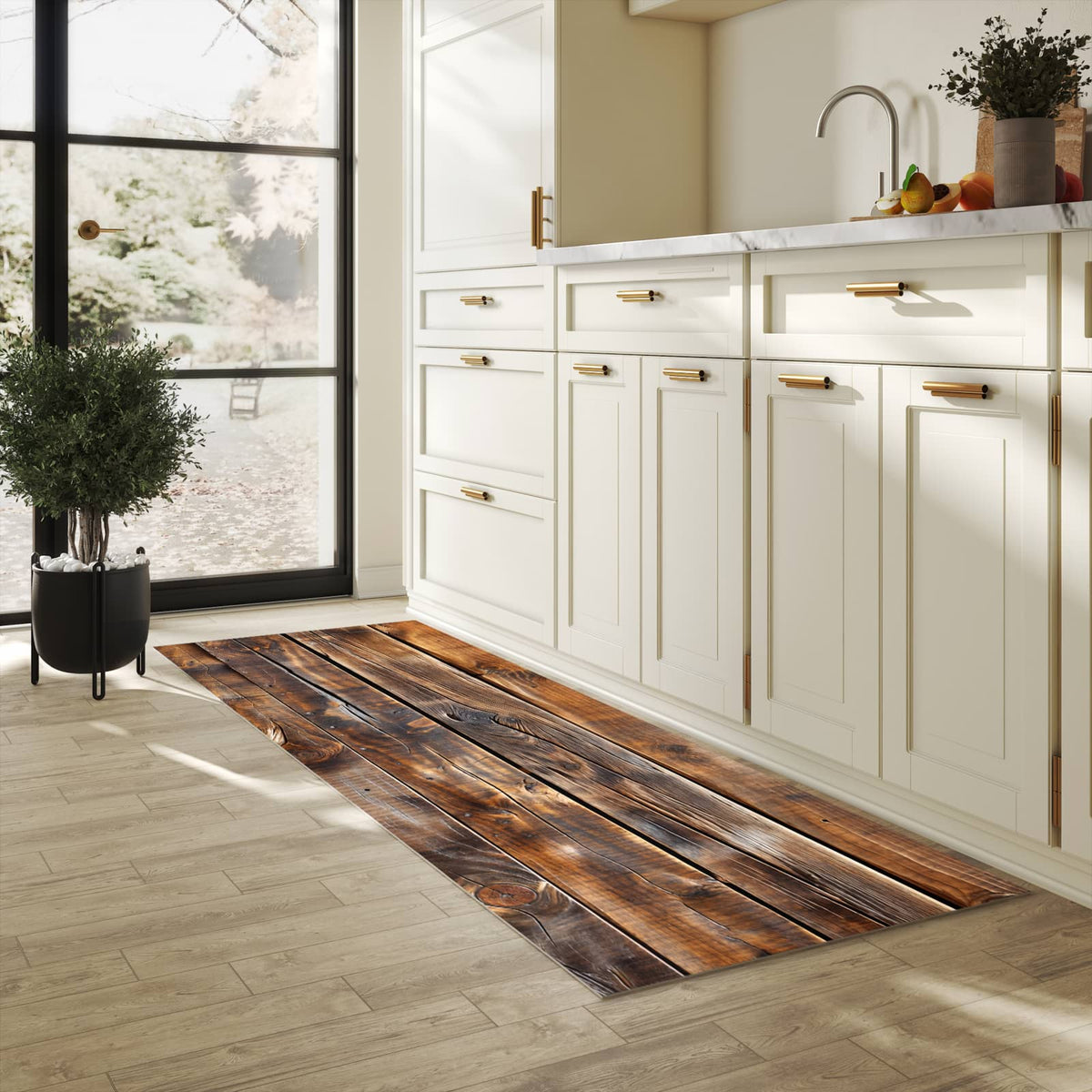 Pflegeleichter Küchenläufer mit Motiv Holzmaserung in heller Küche