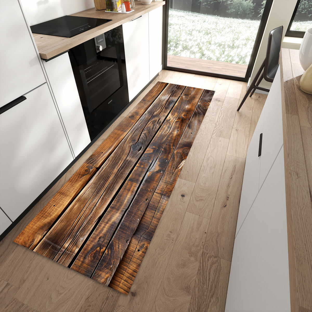Farbbeständiger Küchenläufer mit Motiv Holzmaserung in moderner Küche