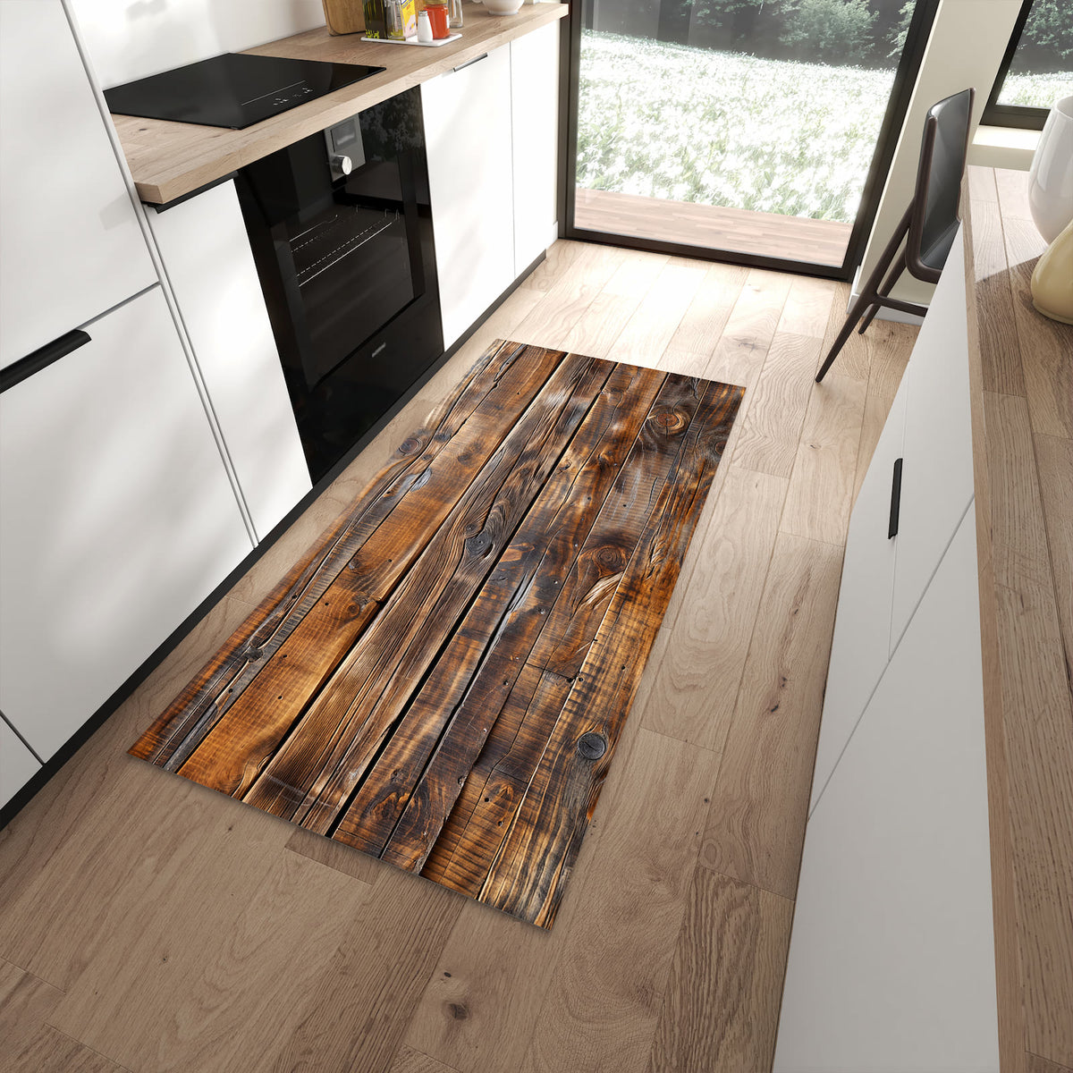 Zeitsparender moderner Küchenläufer mit Motiv Holzmaserung in moderner Küche
