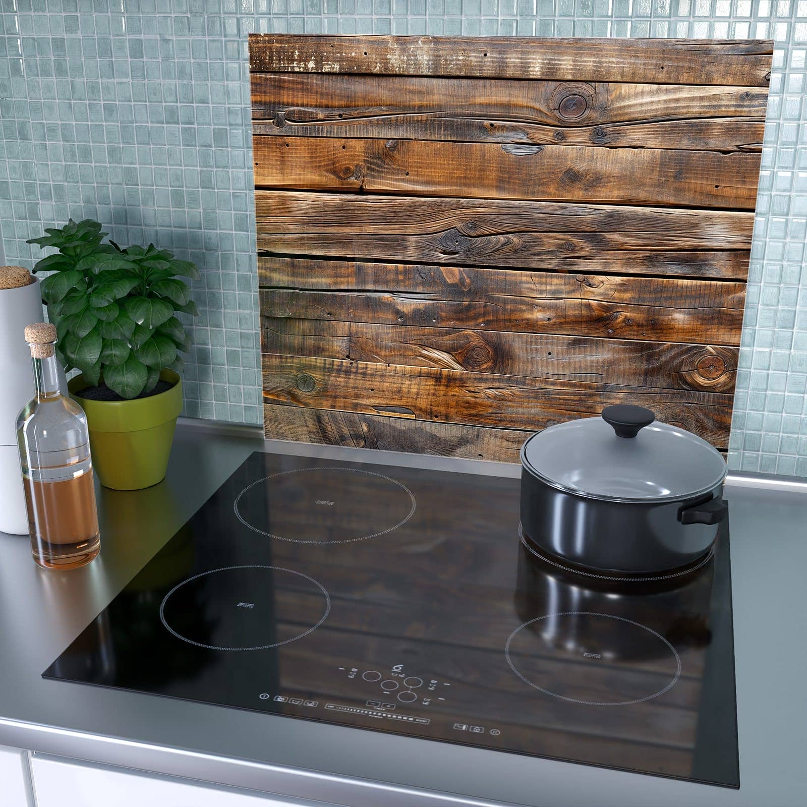 1-teilige Abdeckplatte für Ceranfeld mit Holzmaserung-Motiv als Spritzschutz hinter dem Kochfeld