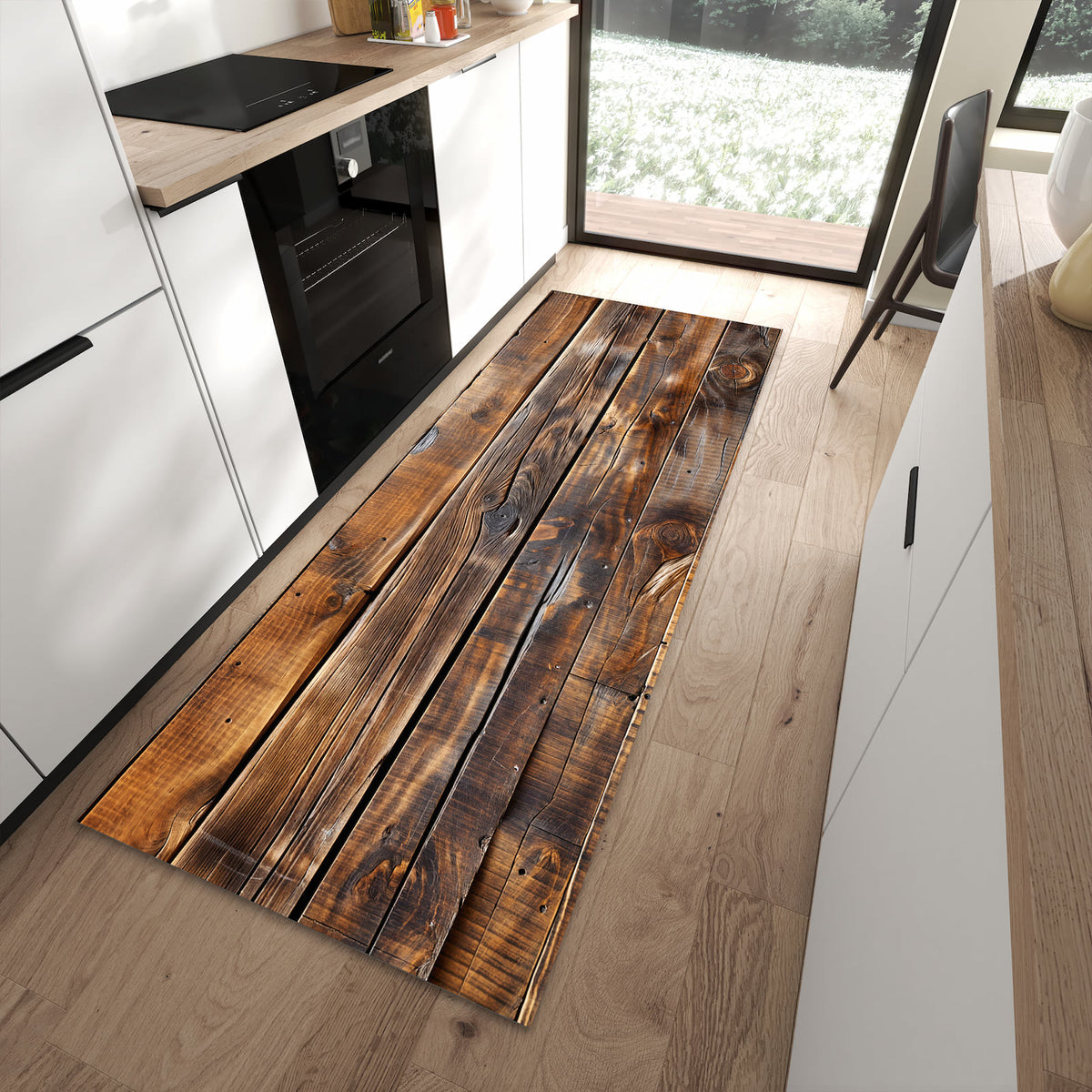 Geräuschdämpfender abwaschbarer Küchenläufer mit Motiv Holzmaserung in moderner Küche