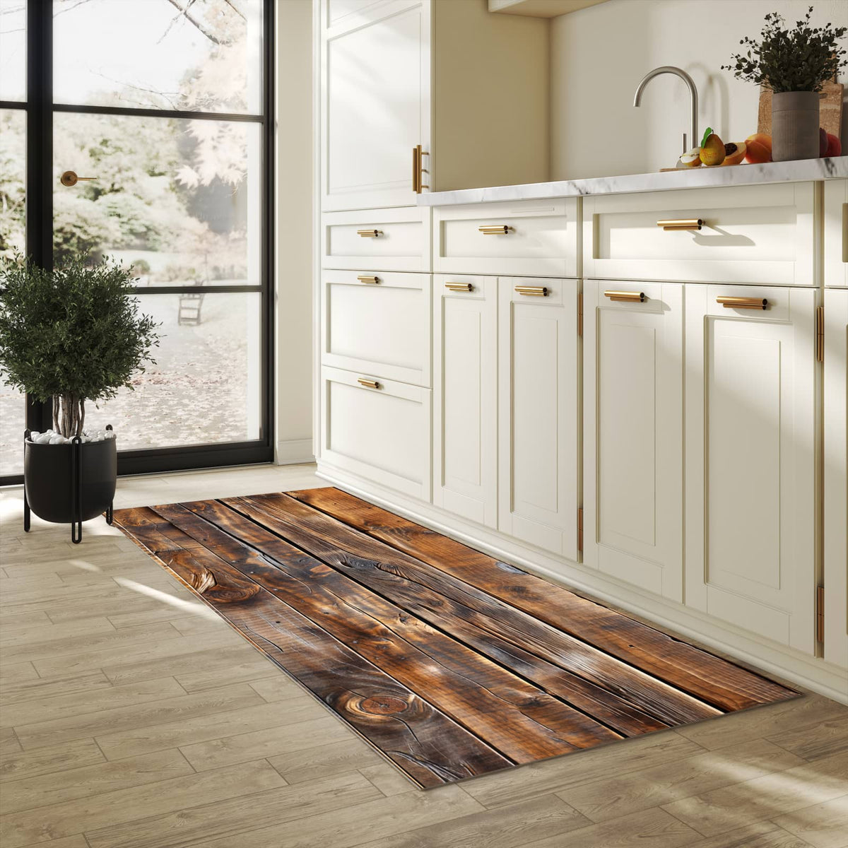 Küchenteppich mit Motiv Holzmaserung für angenehme Haptik in heller Küche
