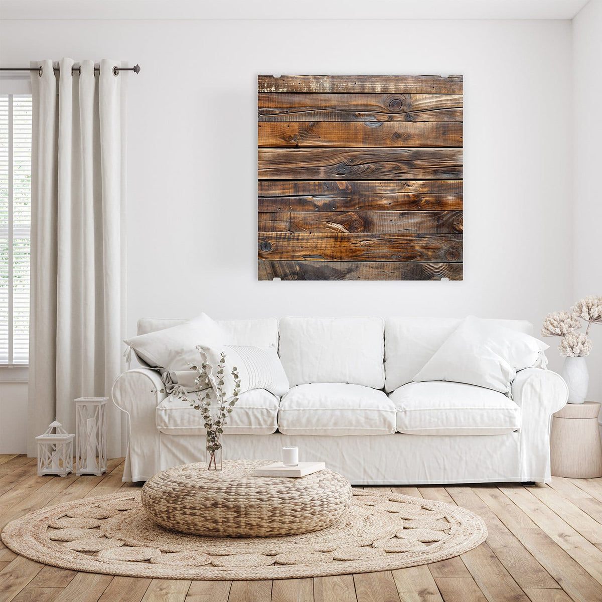 Glasbild Nussbraune Holzwand an der Wand – Waagerechte, dunkel nussbraune Bretter mit kräftiger Maserung und Astlöchern