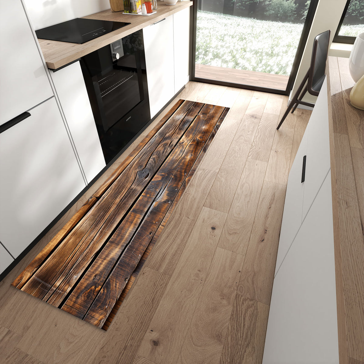 Rutschfester Küchenläufer mit Motiv Holzmaserung in moderner Küche
