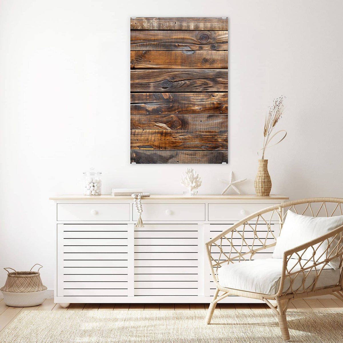 Glasbild Nussbraune Holzwand an der Wand – Waagerechte, dunkel nussbraune Bretter mit kräftiger Maserung und Astlöchern