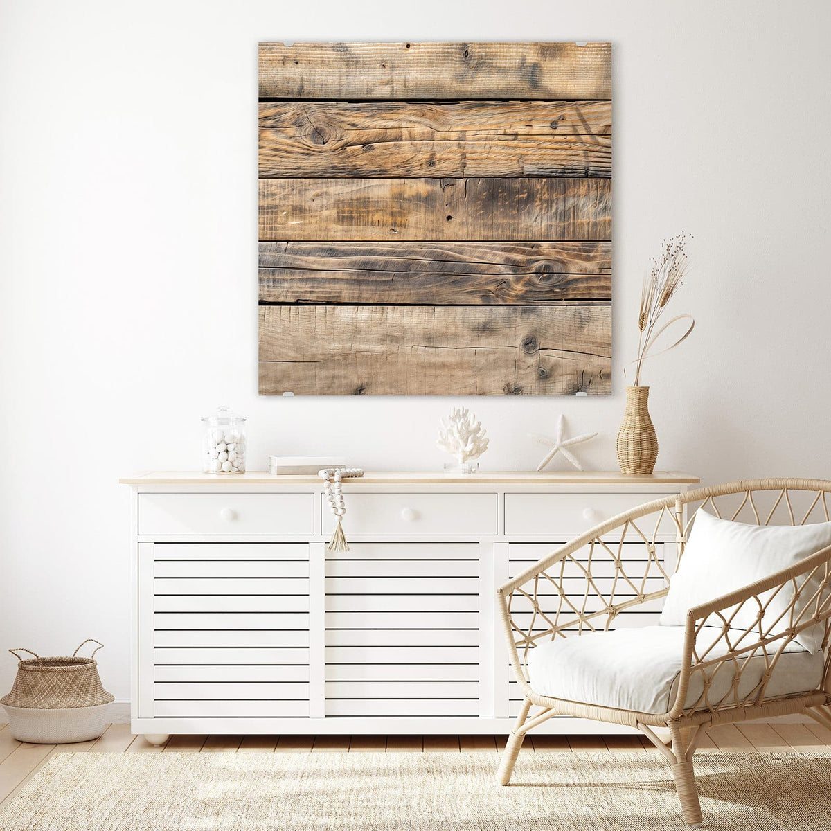 Glasbild Helle Holzbohlen an der Wand – Fünf waagerechte Bohlen in hellem Beige bis Mittelbraun mit kräftiger Maserung