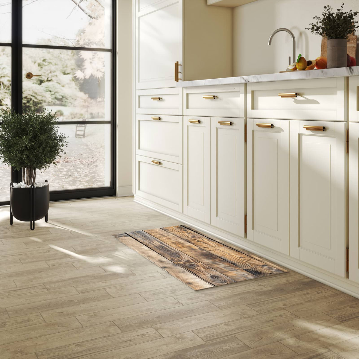 Waschbarer Küchenteppich mit Motiv Sanfte Holzmaserung in heller Küche
