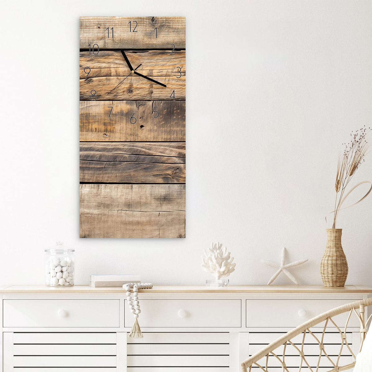 Wanduhr Sanfte Holzmaserung aus Glas – Horizontale Bohlen von Beige bis Braun