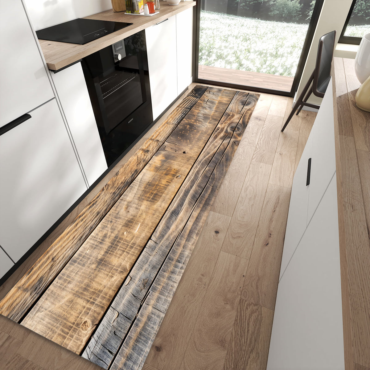 Pflegeleichter großer Küchenteppich mit Motiv Sanfte Holzmaserung in moderner Küche