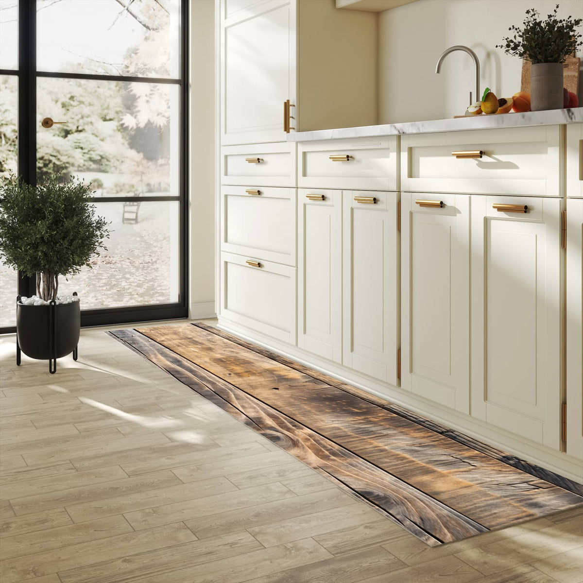 Waschbarer Küchenteppich mit Motiv Sanfte Holzmaserung für Ordnung in heller Küche