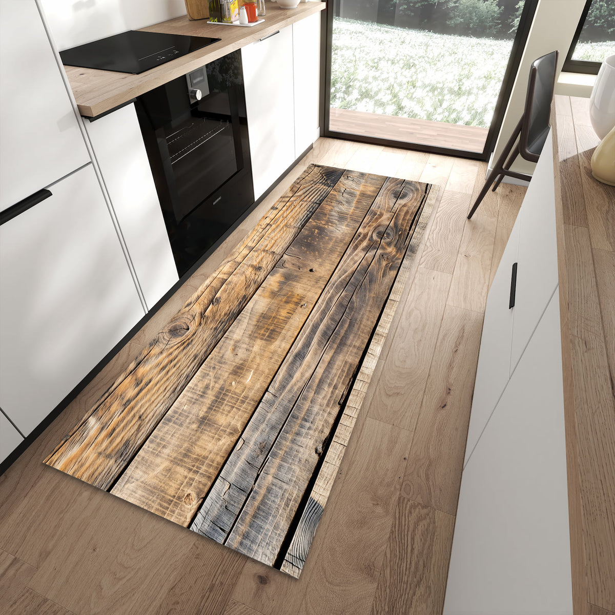 Hygienischer Küchenteppich mit Motiv Sanfte Holzmaserung in moderner Küche - waschbar