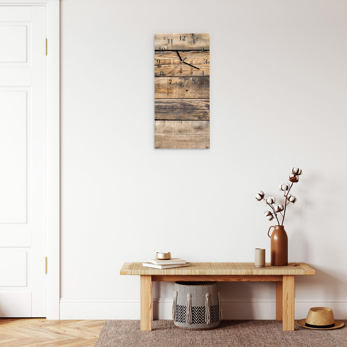 Moderne Wanduhr aus Glas mit Farbtiefe – Wanduhr Sanfte Holzmaserung aus Glas – Hochformat 30 × 60 cm